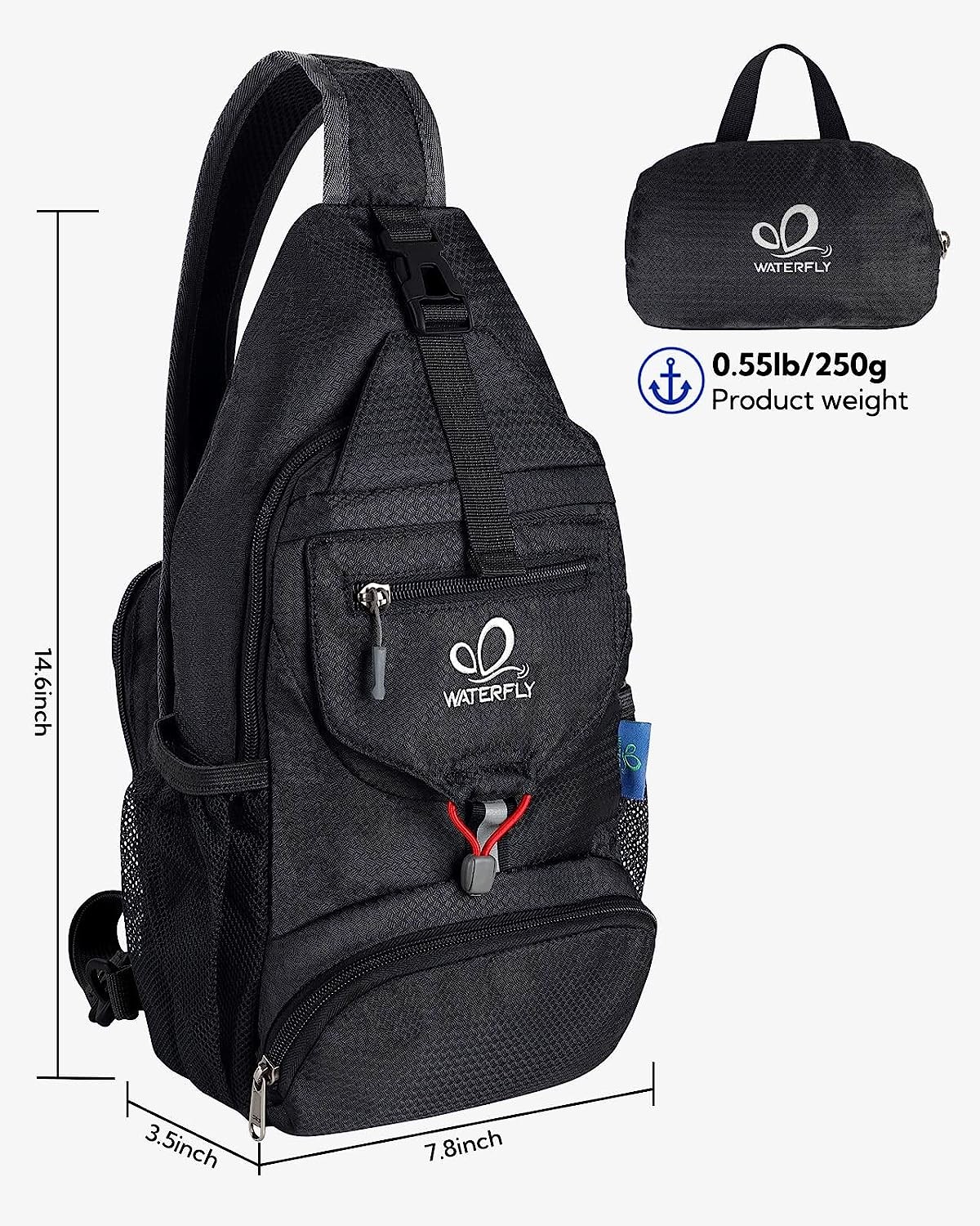 WATERFLY PACKABLE SMALL CROSSBODY SLING BACKPACK SHOULDER CHEST BAG DAYPACK FOR HIKING TRAVELING