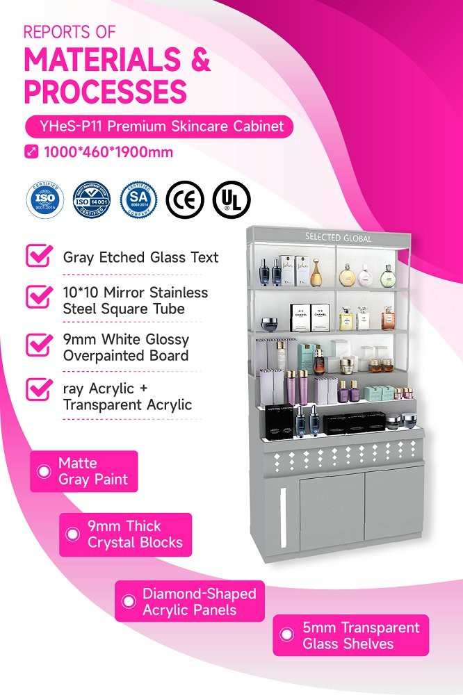 YHeS-P11 10*10 Mirror Stainless Steel Tube Skincare Display Rack for High-End Stores