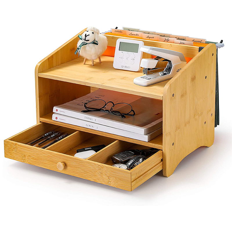 Standing Type Non-folding Rack Bamboo Desk Organizer with Drawer and Storage Cabinet Box