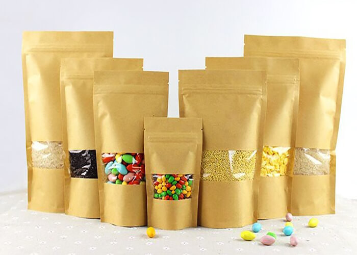 Recyclable 4 Oz Kraft Paper Stand Up Chips Packaging Bags Transparent Window