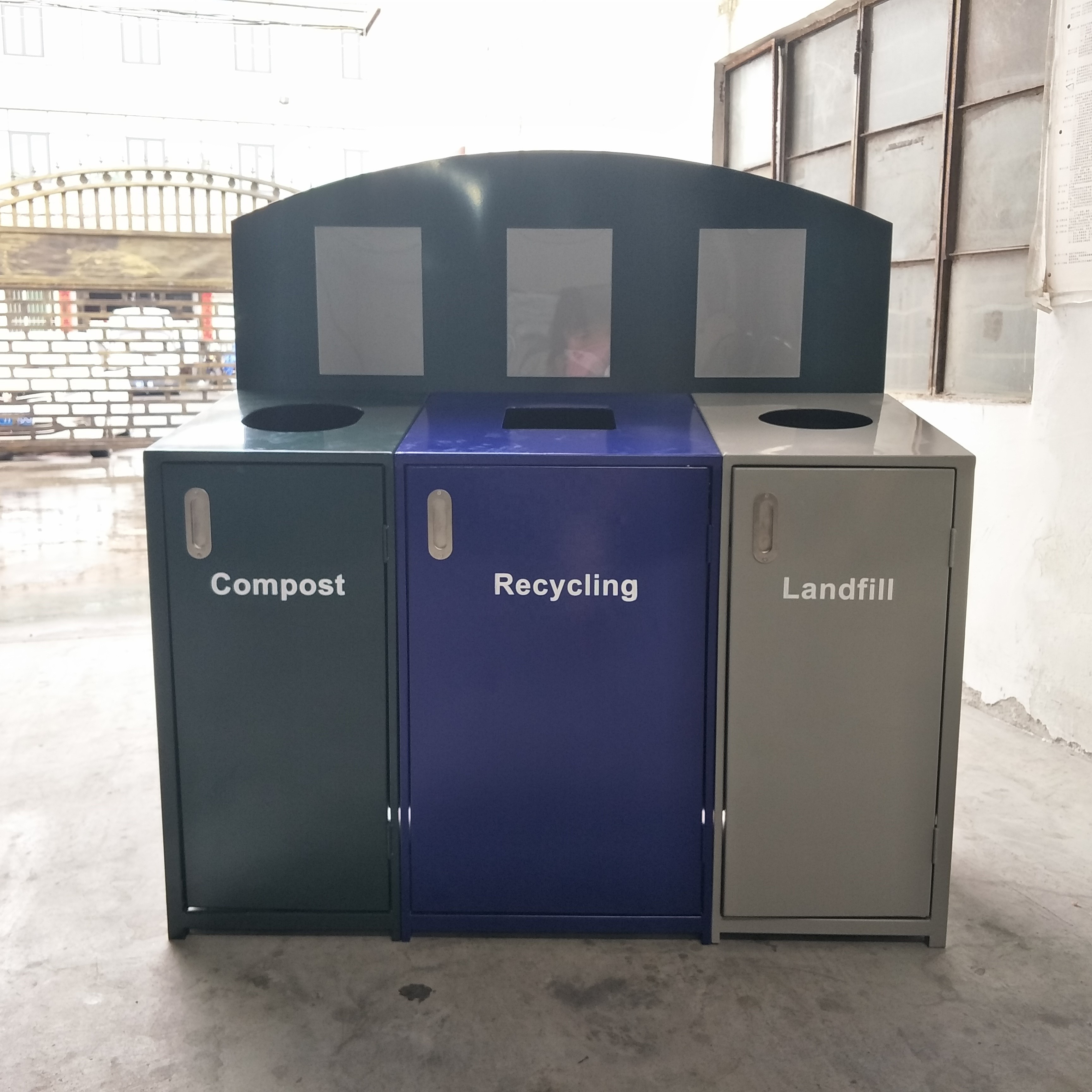 3 Compartment Steel Outdoor Trash Cans With Cover Lid Rustproof