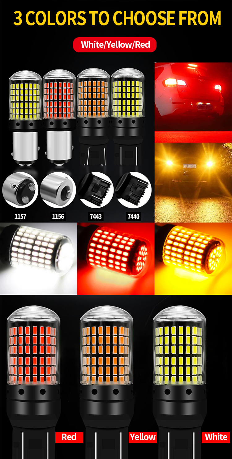 T20 144smd Car Led Bulb 1156 1157 7440 7443 White Yellow Red Light Led Turn Signal Light Driving Reverse Brake Light Bul