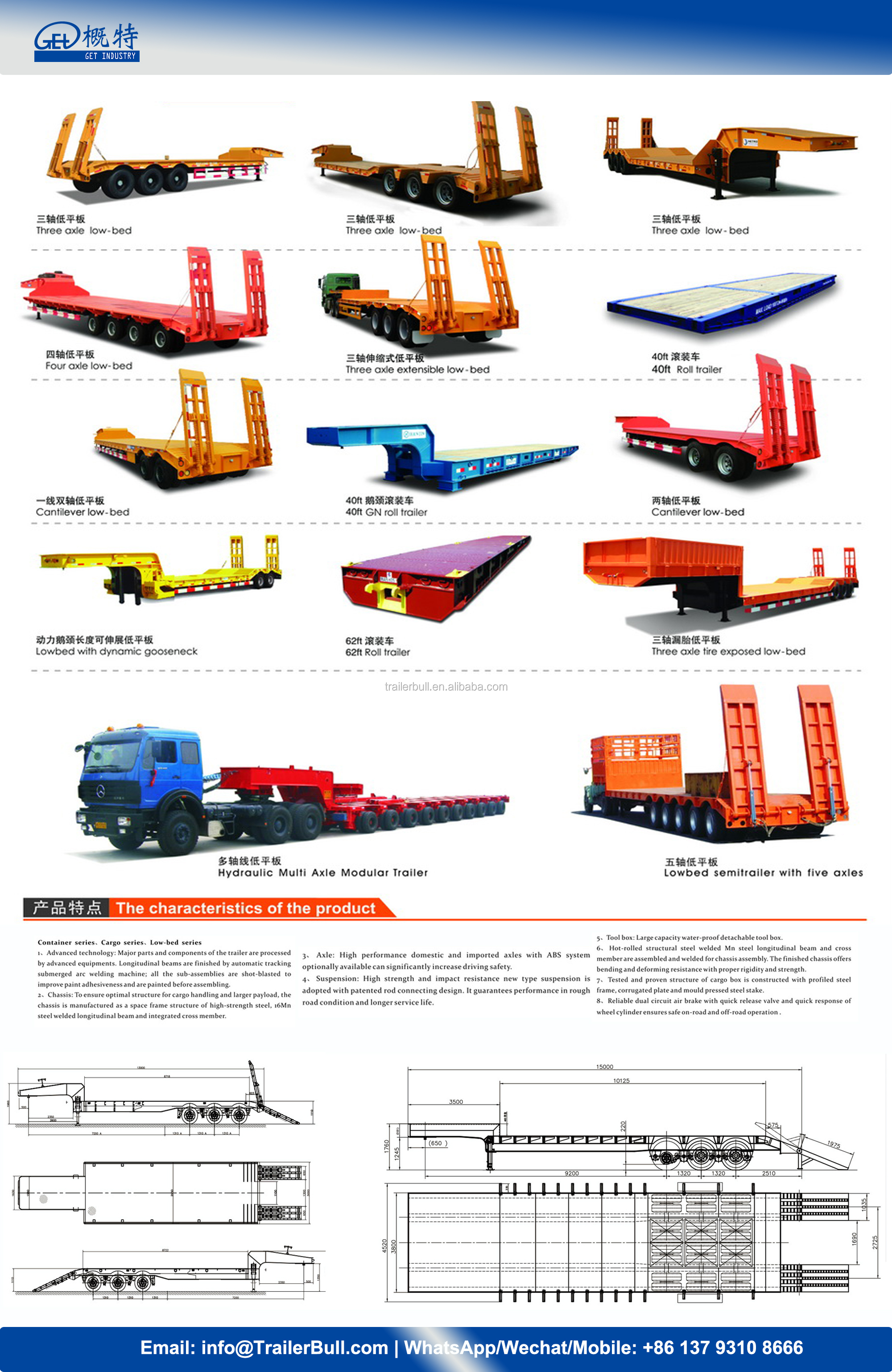 Dual Circuit WABCO Brake 13m FGN Low Bed Truck Semi Trailer for Excavator Transport
