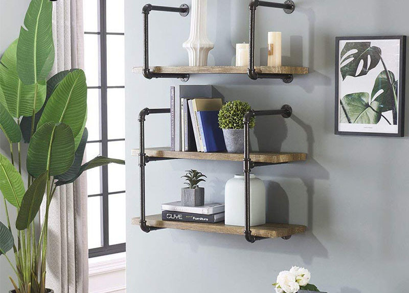 Rustic Wall Mounted Metal Hung Bracket Diy Storage Shelving Floating Industrial Pipe Bookshelf With Wood