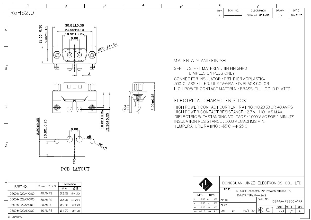 High Power 2V2 Male D-SUB Connectors Socket R/A DIP 90 Degree For PCB