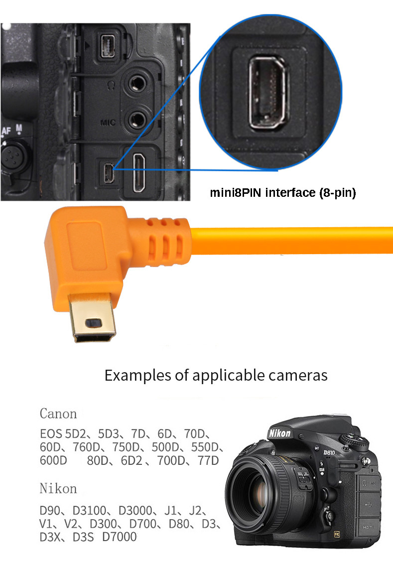 Micro B Type C 8pin 90 Degree Cable For Camera To Computer Data Transfer