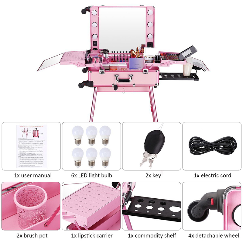 Free Standing Rolling Studio Makeup Case With Adjustable Height Support Rod