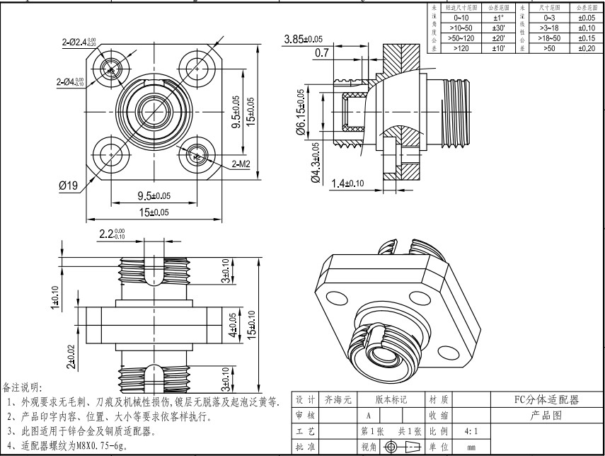 Square Type FC UPC To FC UPC Simplex Fiber Optic Adapter