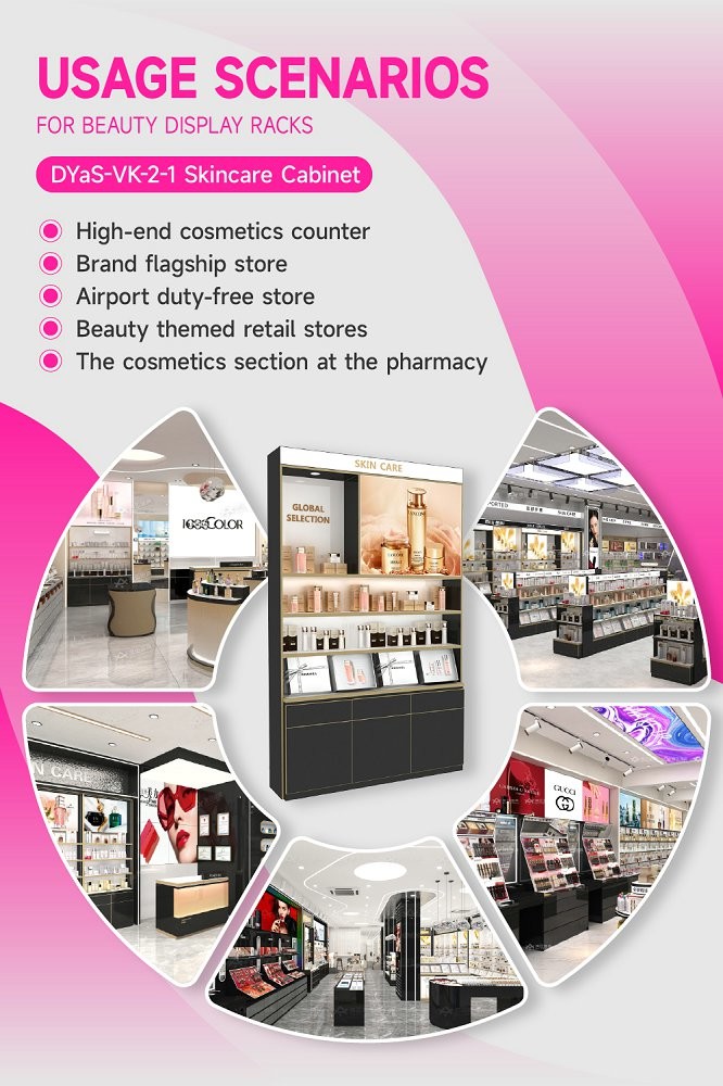 DYaS-VK-2-1 Skincare Display Cabinet with White LED Strips and Gold Edge Trimming