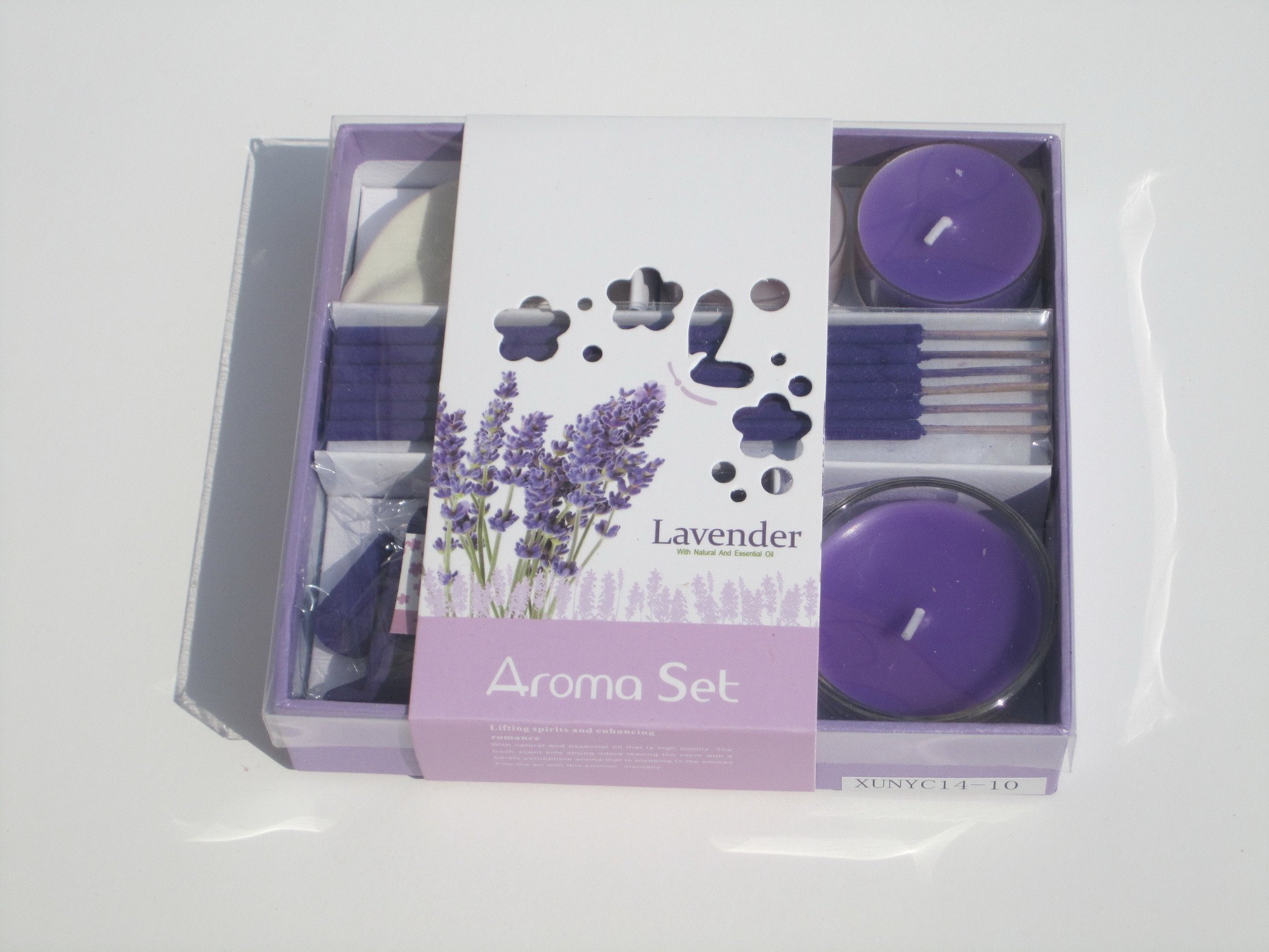 Purple lavender fragrance scented mini glass candle with printed label packed into gift box