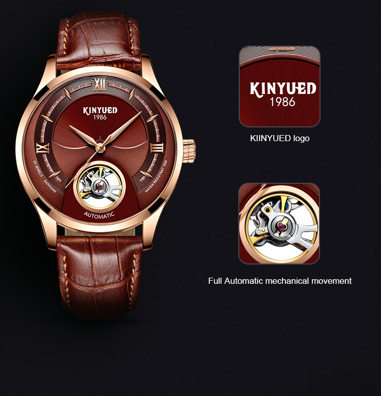 KINYUED genuine leather tourbillon mens automatic watch skeleton mechanical watch men wristwatch