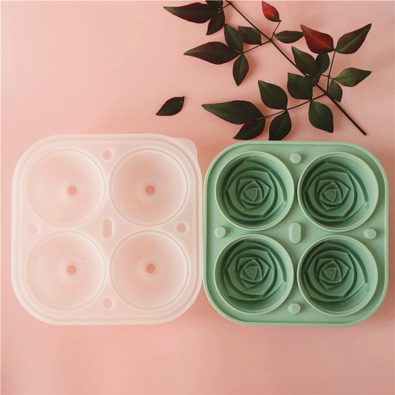Rose Ice Cube Mold,Bongpuda Silicone Ice Cube Tray,4 Cavity Silicone Rose Ice Ball Maker,Easy Release,For Chilling Cocktails, Whiskey, Bourbon And