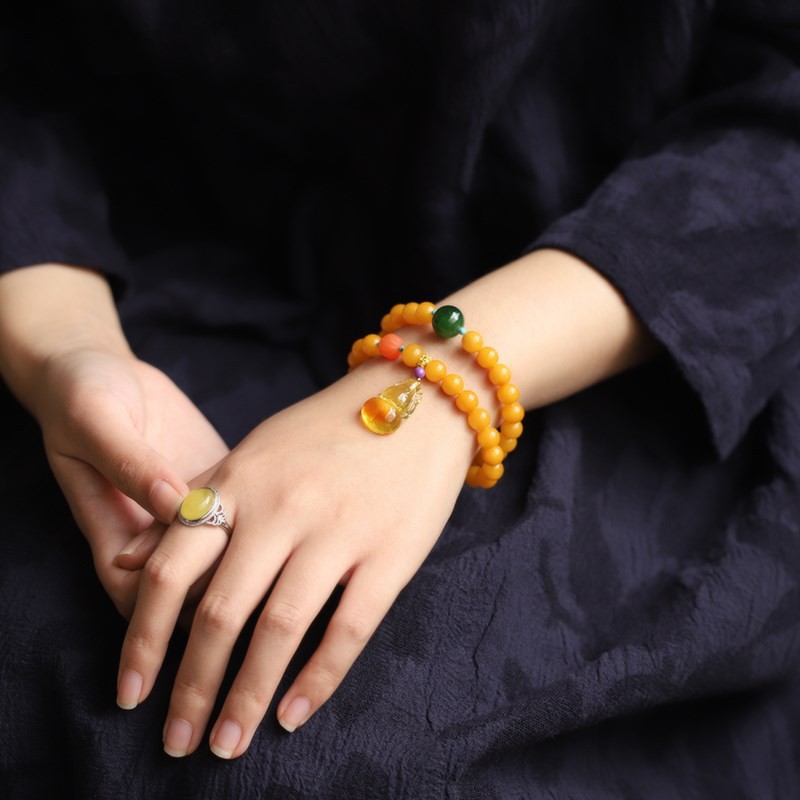 Fashion Jewelry Natural Round Bead Stone Natur Orange Yellow Amber Crystal Elastic Bracelet For Gift Bracelet Amber Tasbih Muslim Islamic Rosary