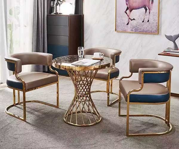 Luxury Style Metal Leather Dining Table And Chairs Iron Gilded Legs Leather Seat OEM