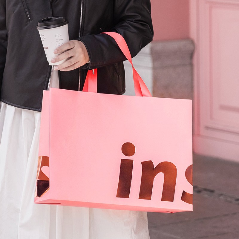 Hand Length Handle Ins Style Pink Paper Bags for Boutique Gift Craft Shopping Custom Order