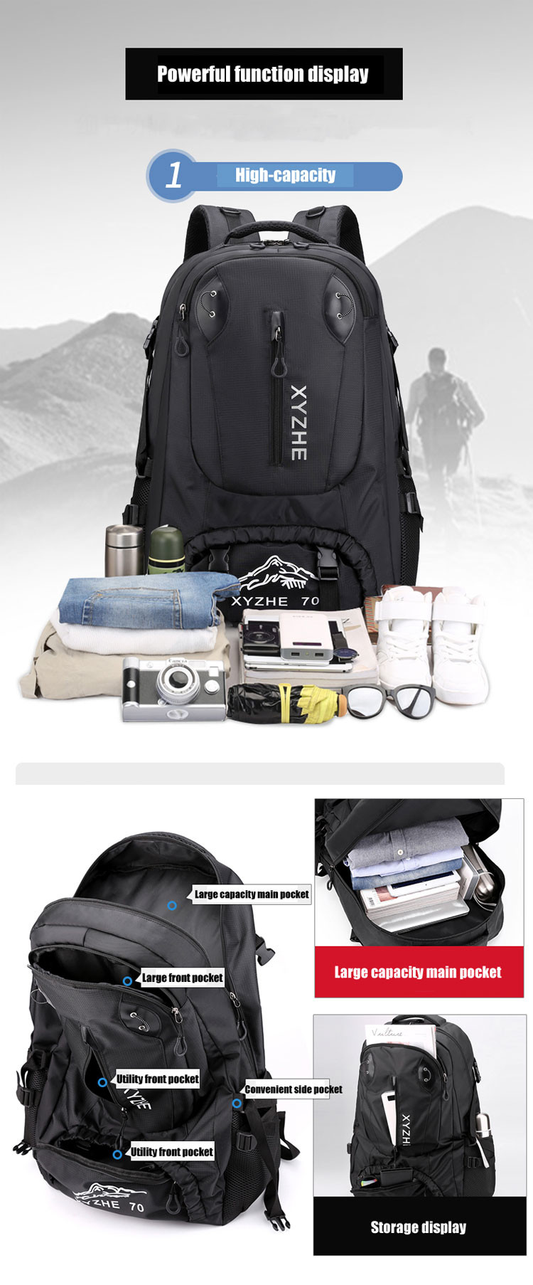 1.3 Inch 70L Camping Backpack Men Women Waterproof Backpack Bag Custom Logo
