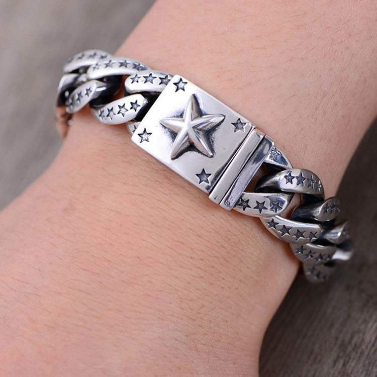 Sterling Silver Heavy Chunky Cuban Curb Link Engraved Stars Mens Bracelet (058880)