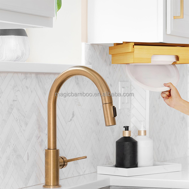 Adjustable Bamboo Kitchen Shelf Organiser Single Tier Under Cabinet Paper Plate Dispenser