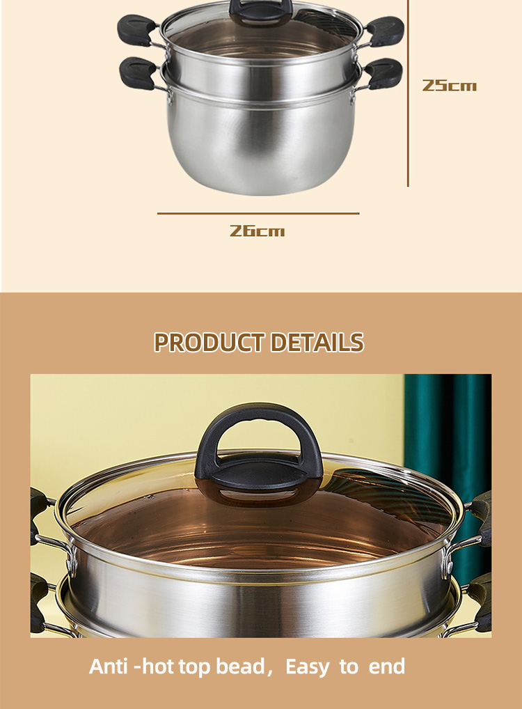Best Selling Silver Two Layers Pot Stainless Steel Saucepot Food Steamer Pots Soup Pot With Glass Lid