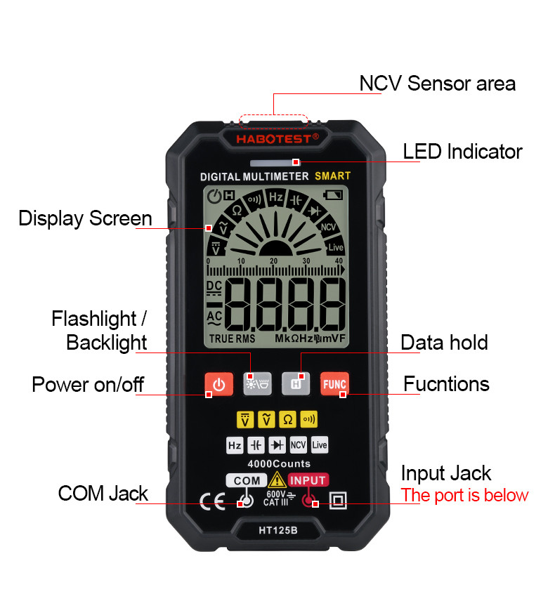 HT125B Smart Digital Electrician Multimeter Digital DC AC Voltage Ohm Diode Capacitance NCV Hz Live Wire Tester