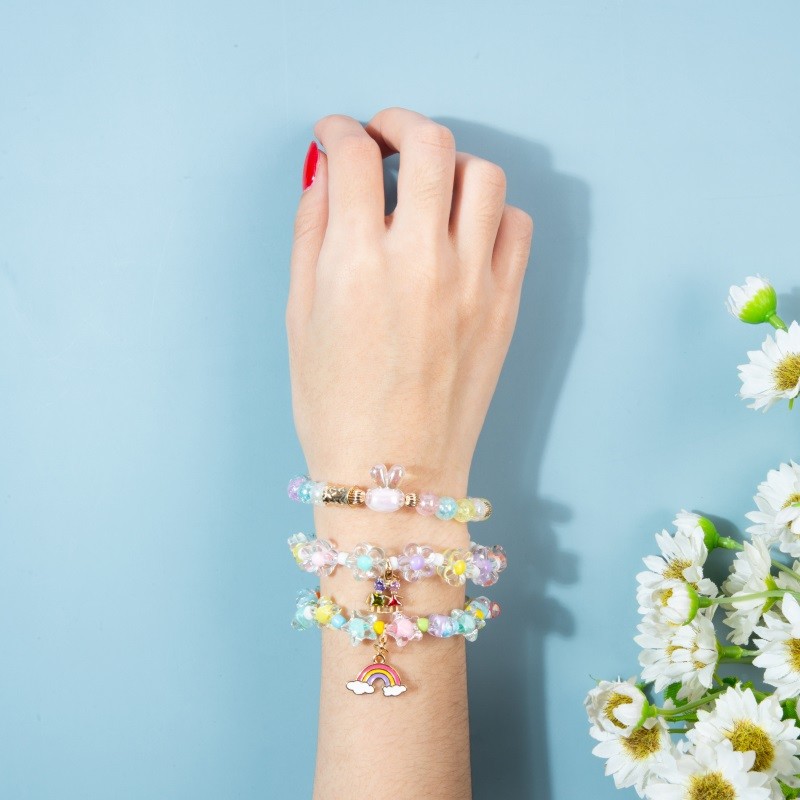 Enamel Rainbow Charm Beads Bracelet Dream Color Flower Shape For Teenage Girl