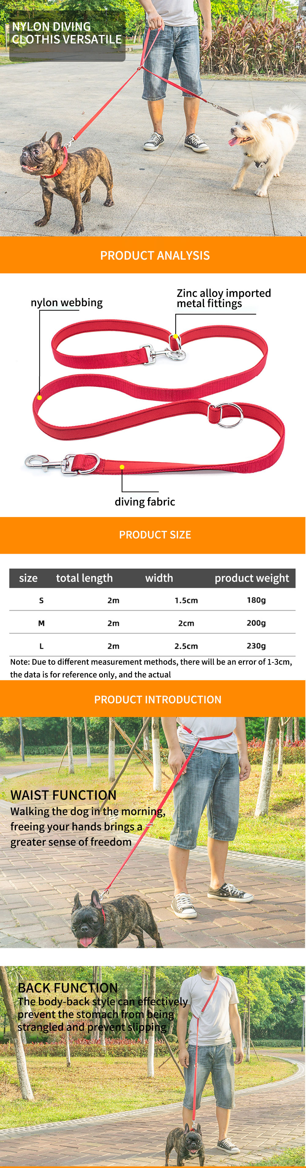 Pet Dog Leash Nylon Multifunctional Outdoor Running Double-Headed Rope Custom Colors