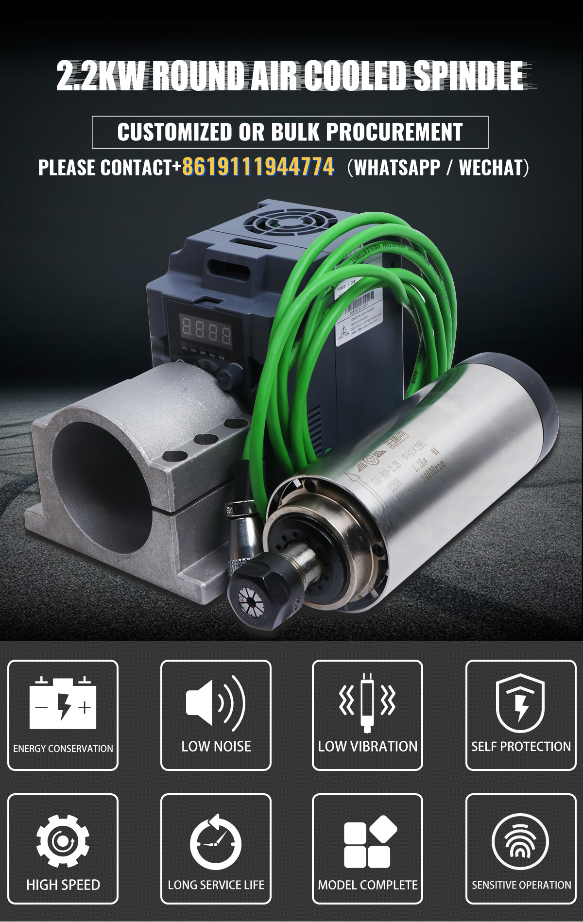 24000RPM 2.2KW 220V ER20 80mm GDZ-80F-2.2B Round Air Cooled Spindle Kit for Woodworking