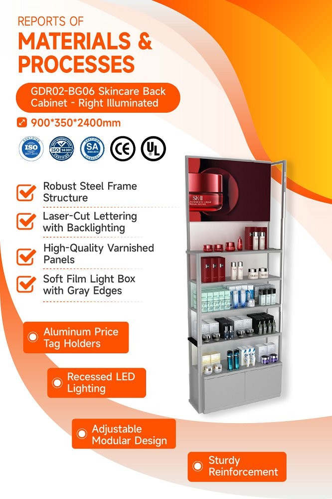 GDR02-BG06 Right Illuminated Skincare Display Cabinet with 60mm Soft Film Light Box and Laser Engraved Brand Logo for Fashion Boutiques