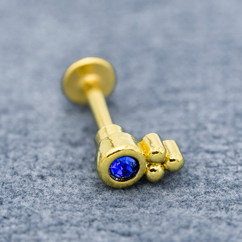 Blue Crystal Gem Gold Labret Stud 16ga 1.2mm 8mm Lip Bar 316 Stainless Steel