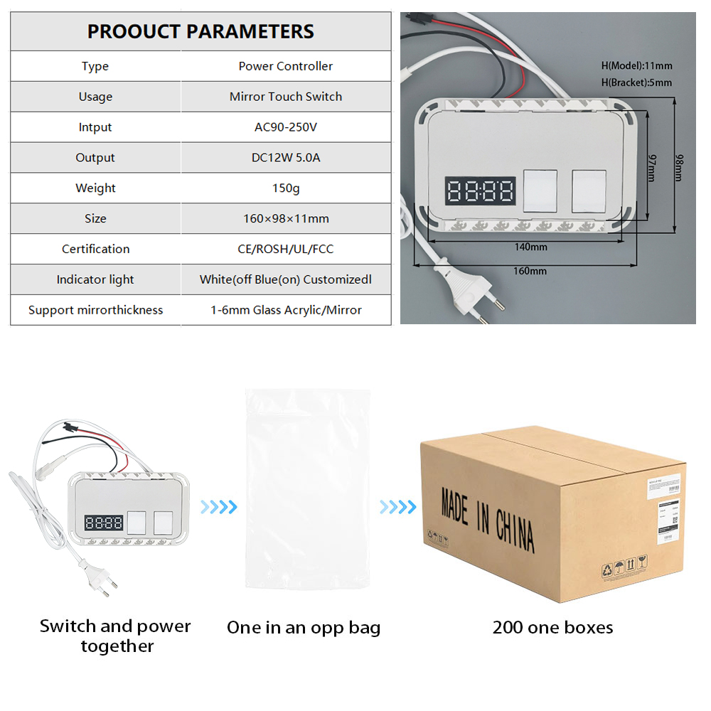 Integrated Mirror Touch Dimmer Switch 2 Gang Time Temperature Display Defogger Inductive Switches 12V 5A 60W