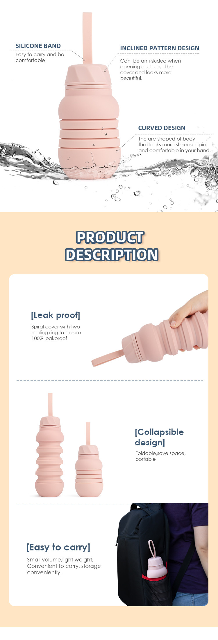350ml 550ml 750ml Foldable Silicon Water Bottle BSCI ISO9001