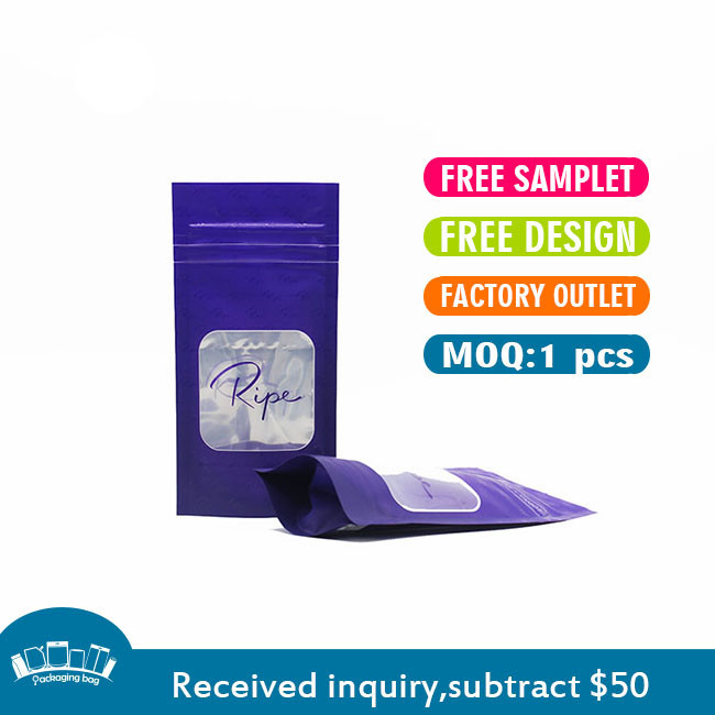 Custom Logo Purple Plastic Stand up Zip Lock Pouch Packaging Mylar Bags with Window