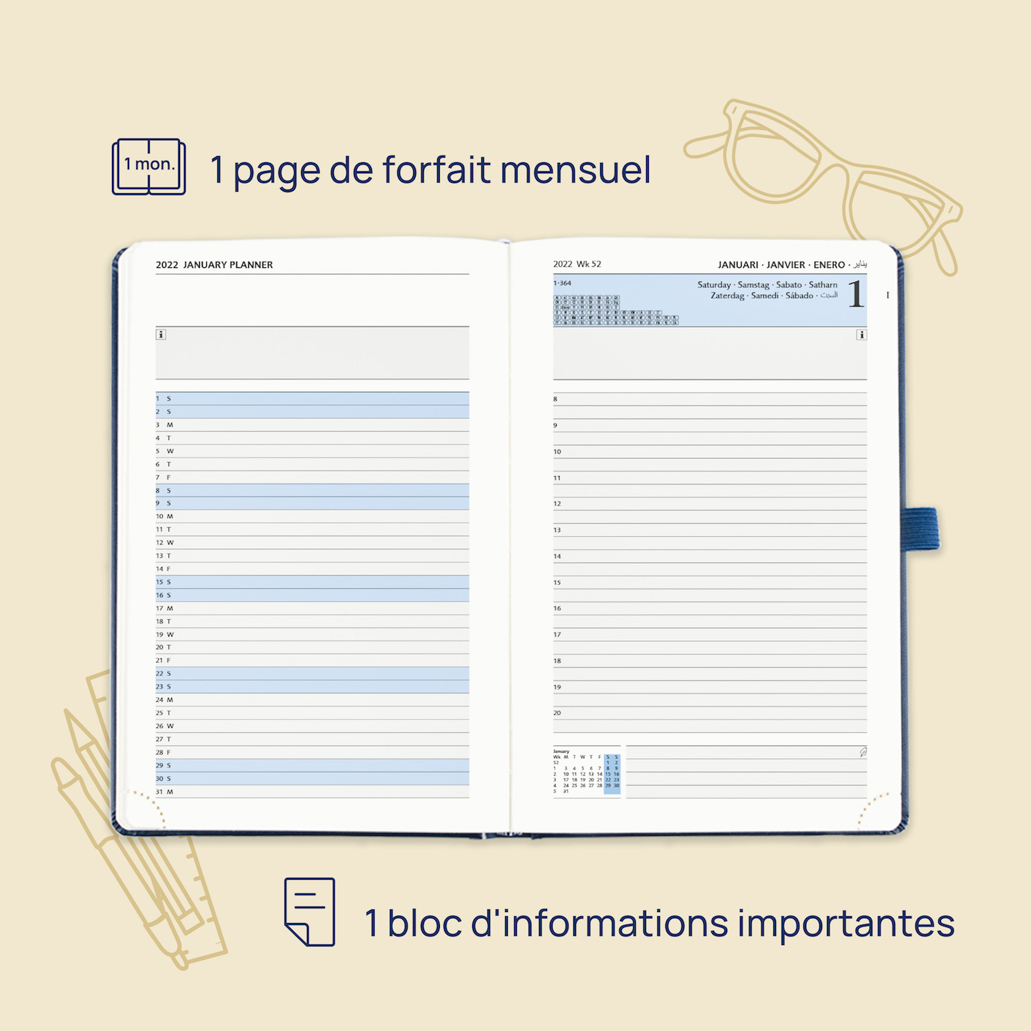 PU Leather Daily Planner With Hourly Weekly Monthly Schedule For The Whole Year Navy Blue