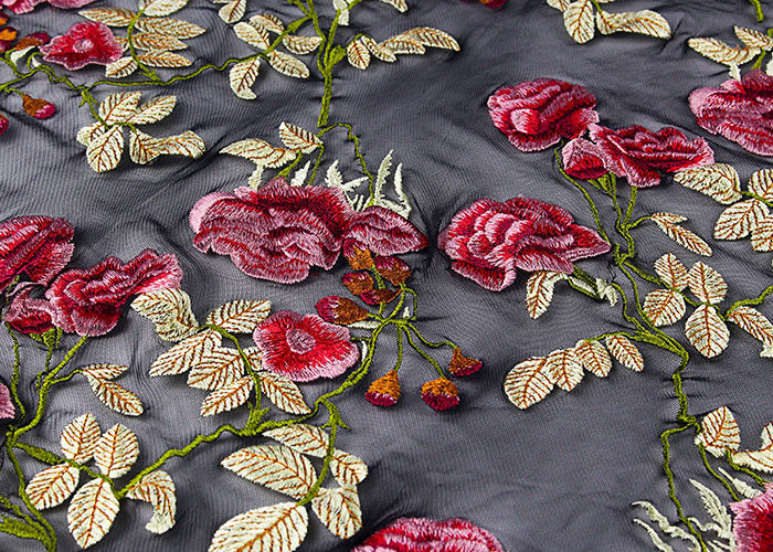 Colorful Embroidered Lace Fabrics , Multi Color Floral Blossom Lace Mesh Fabrics