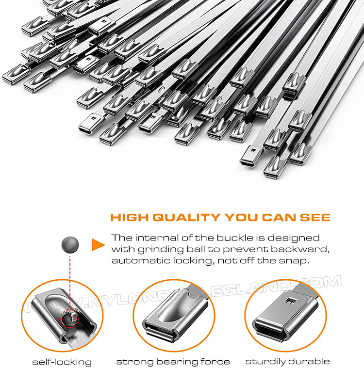 7.9mm Width Self-locking Metal Cable Ties, 100-1000mm Length Ball-locking Tie Straps Stainless Steel 304/316/316L