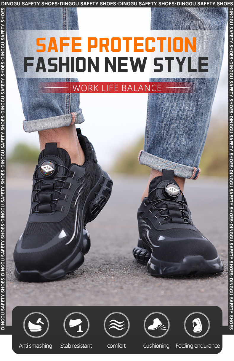 Industrial Safety Shoes Black Flying Knit Work Shoes BOA Button Safety Shoes TPU Work Shoes Midsole Kevlar