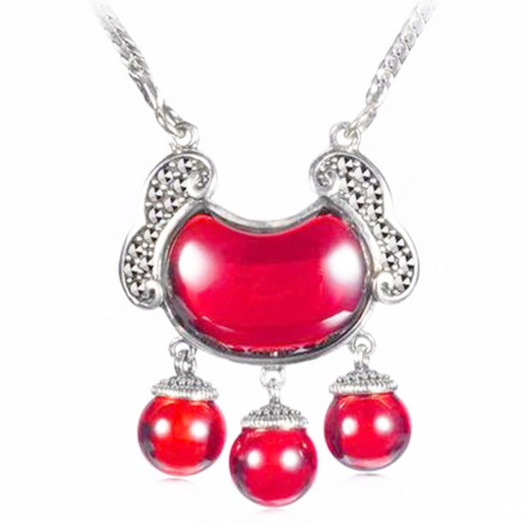 Vintage Sterling Silver Marcasite Red Agate Pendant Necklace Luck Kids Jewelry(N11063)