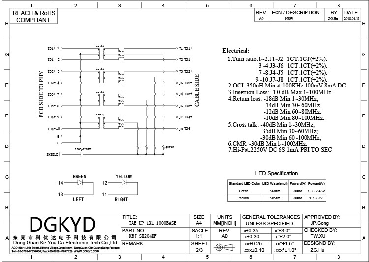 KRJ-SH204HF Shielded Tap-up 1000 BASE Single port cat6 RJ45 Modular Jack with internal magnetics