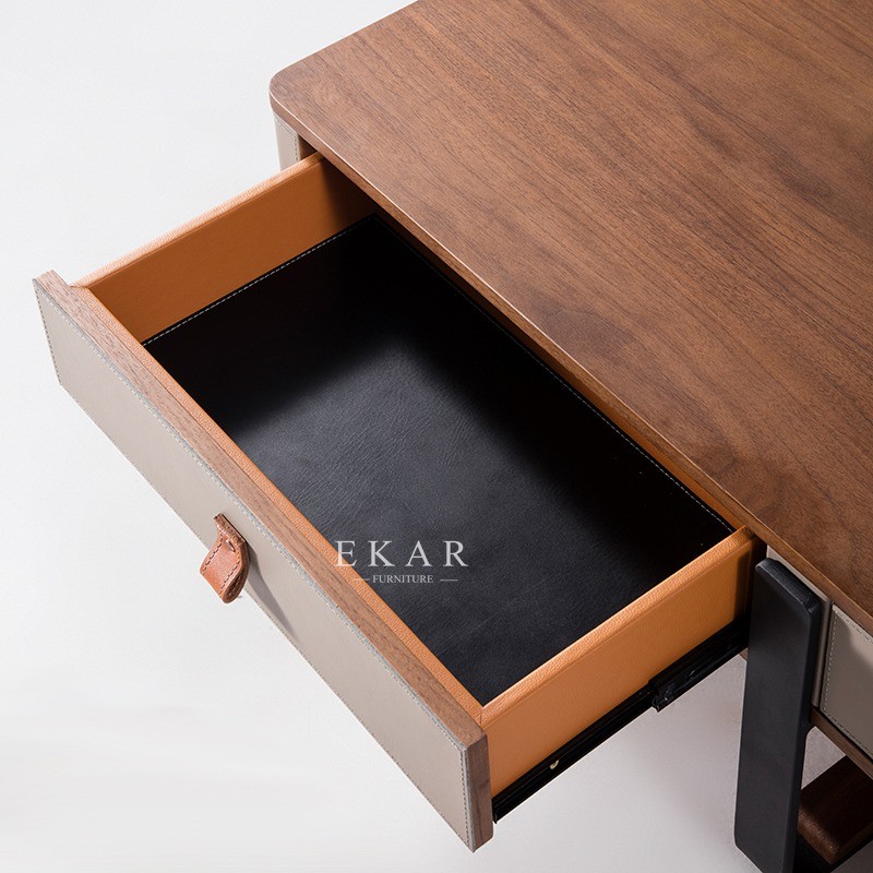 2 Drawer Wooden With Leather Rectangle Metal Frame Modern Coffee Table