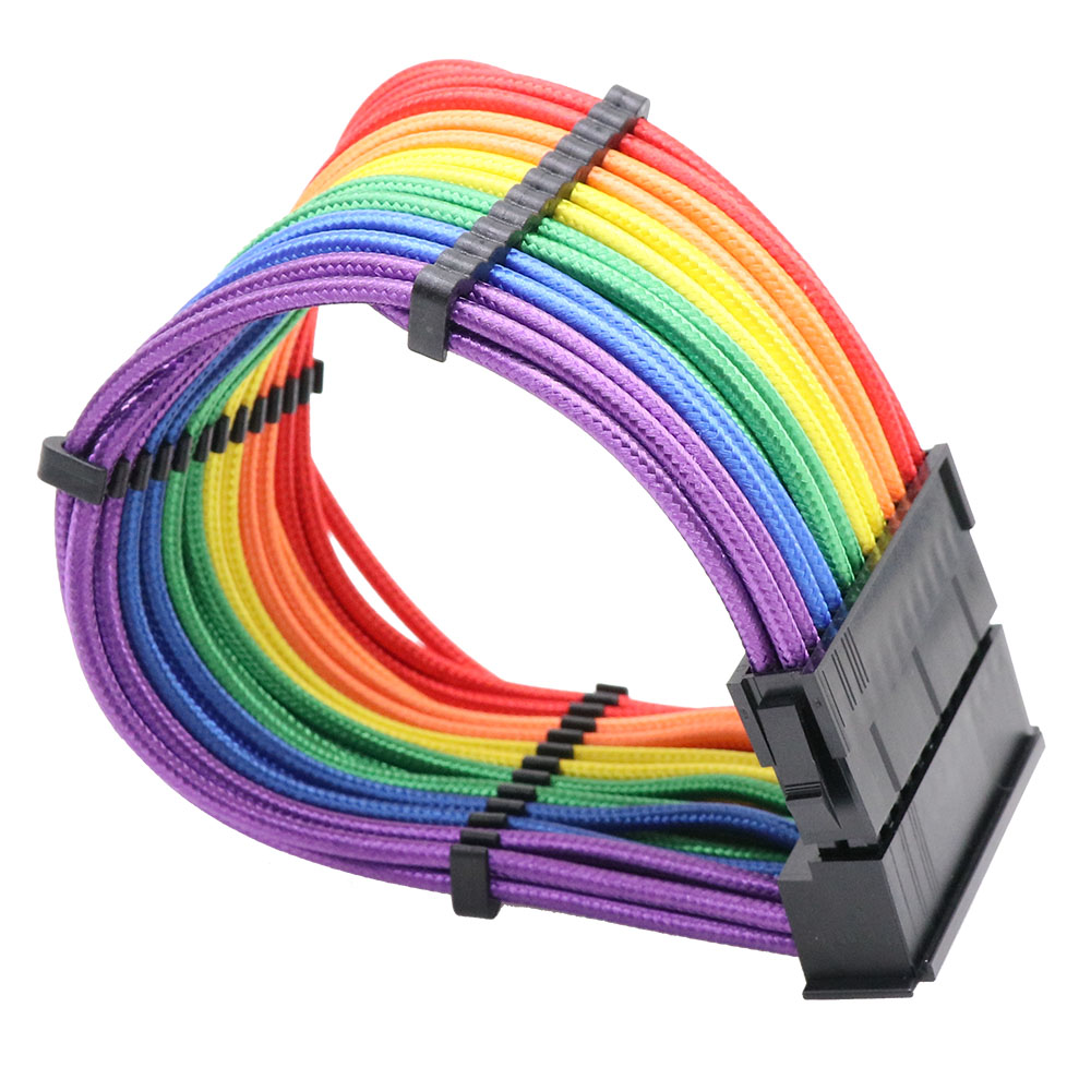 1*24Pin Male to 24pin Female ATX Braided Sleeved Power Supply Extension Cable 18AWG Rainbow Color