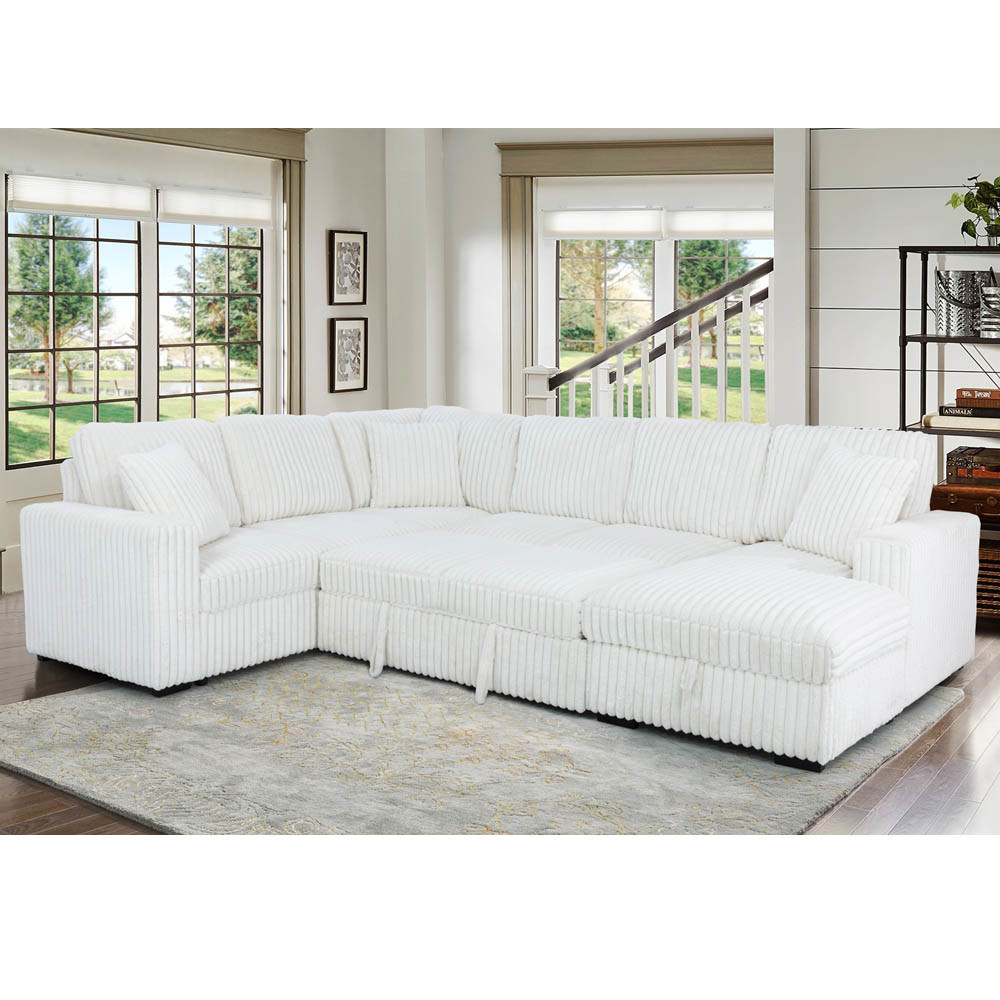 U-Shaped Sectional Sleeper Sofa with Pull Out Bed and Storage Chaise Lounge and USB Charging Port, Beige Corduroy Fabric