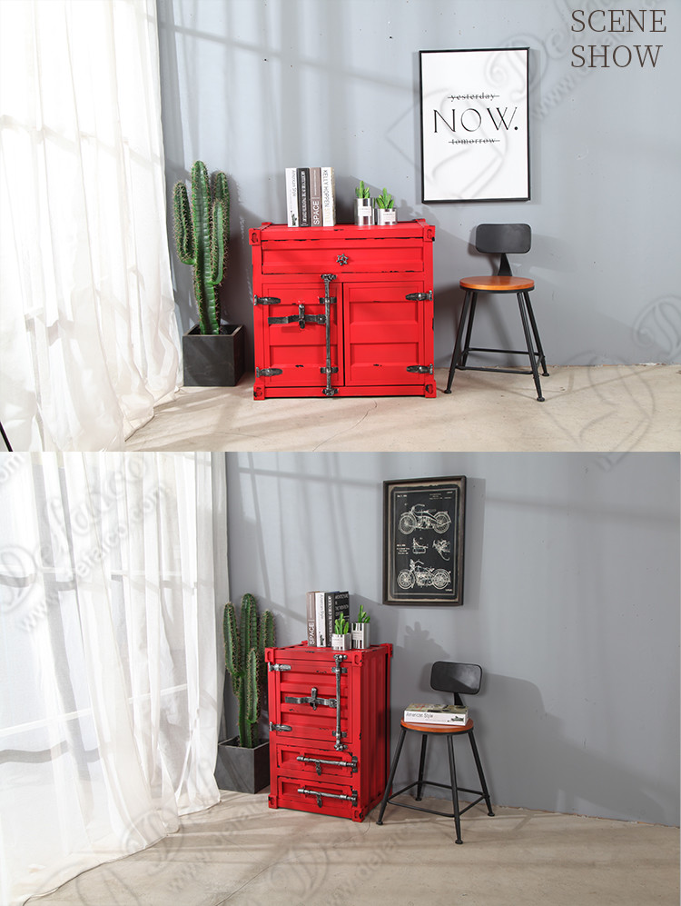 Red Metal Distressed Shipping Container Side Table With Drawers Living Room