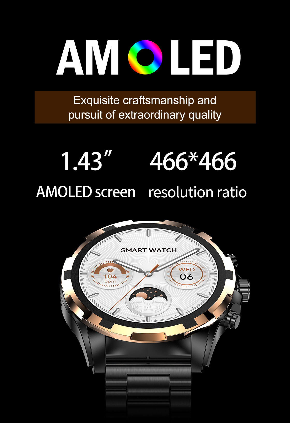 Round Shape, 1.43-inch Large Screen, Smart Watch, Bluetooth 5.0, Calls, Voice Assistant, Business Watch