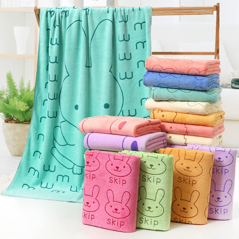 Square Kids Bath Towel Set 3 Pcs Towels with Cartoon Rabbit Print and Polyester Fiber