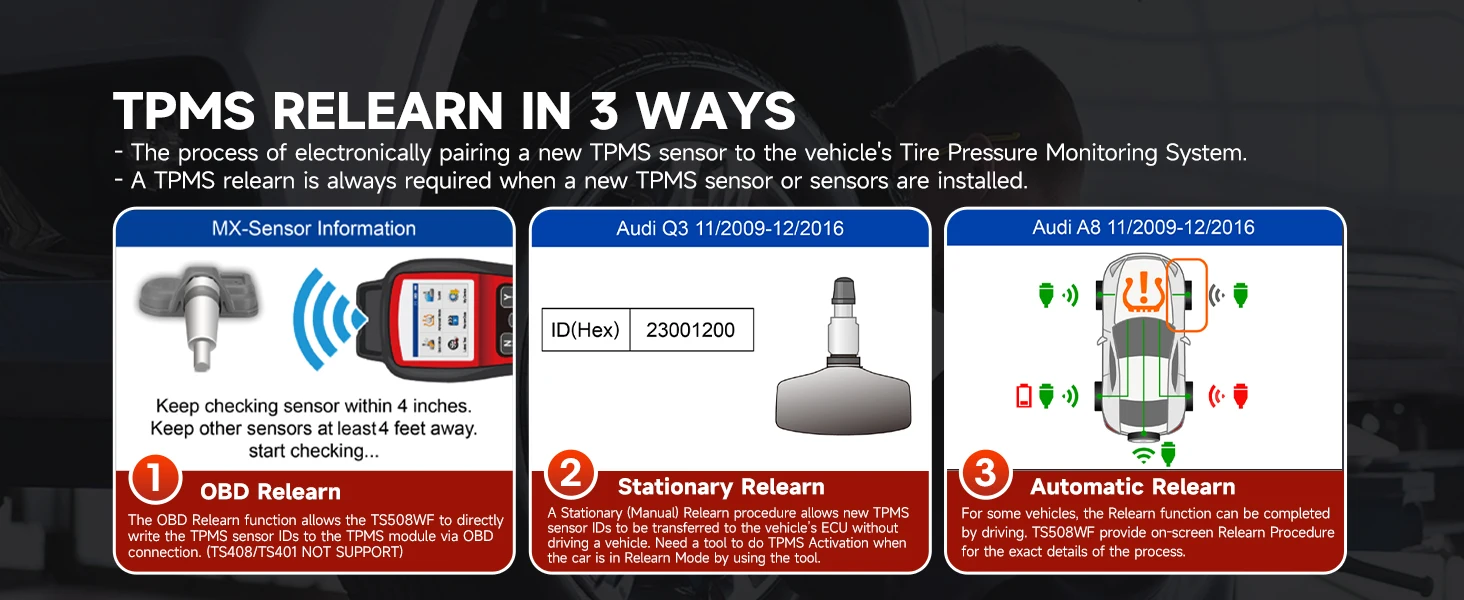 Autel MaxiTPMS TS508WF TPMS Programming Tool MX-Sensors 315 433 MHz TPMS Relearn Activate All Sensors Scan Read Clear DTCs Reset