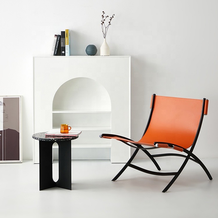 Minimalist Leather Leisure Chairs Orange Saddle Leather Lounge Chair