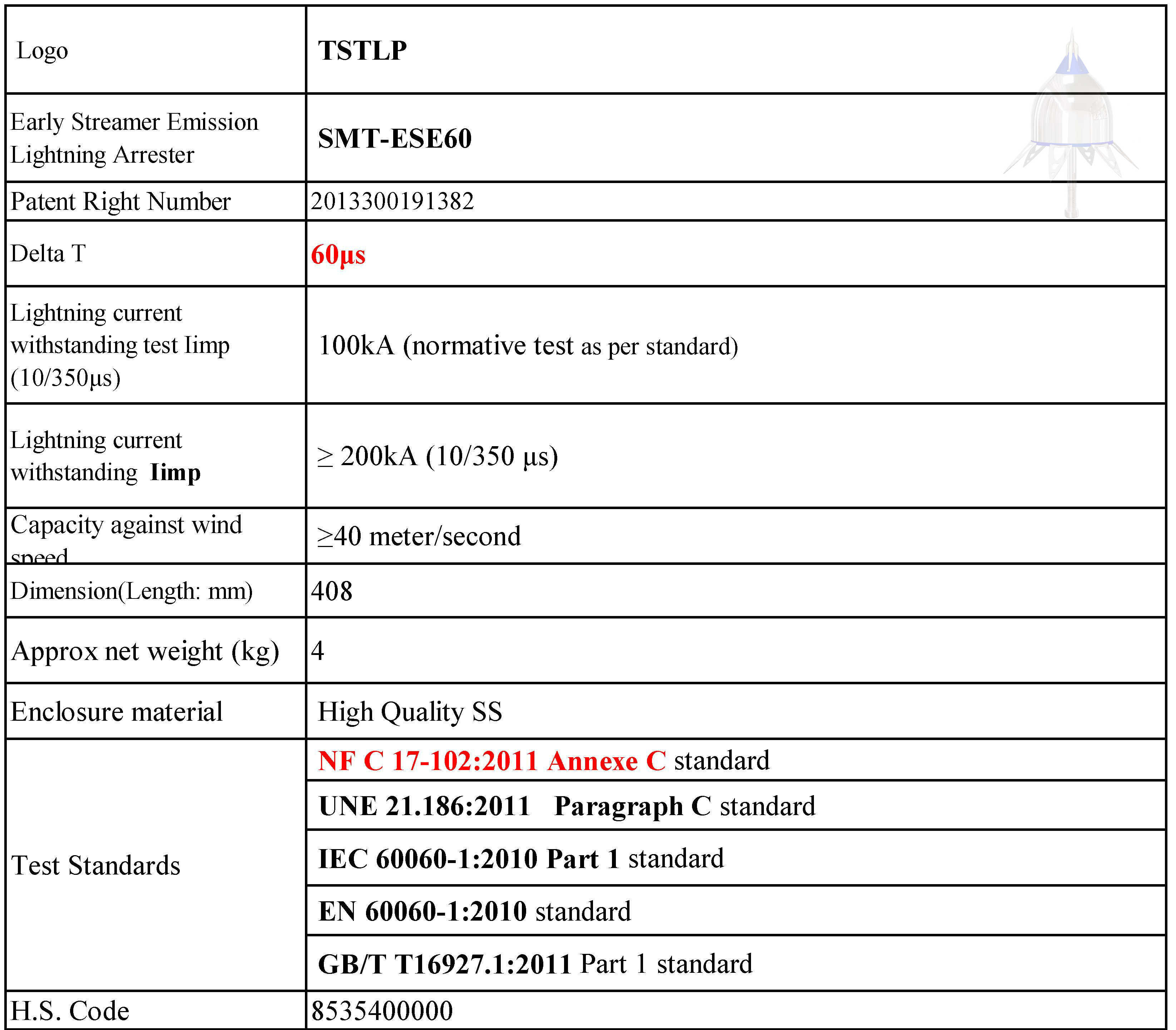 408mm Height ESE Lightning Arrestor Air Terminal Radius Protection Reaches 120m