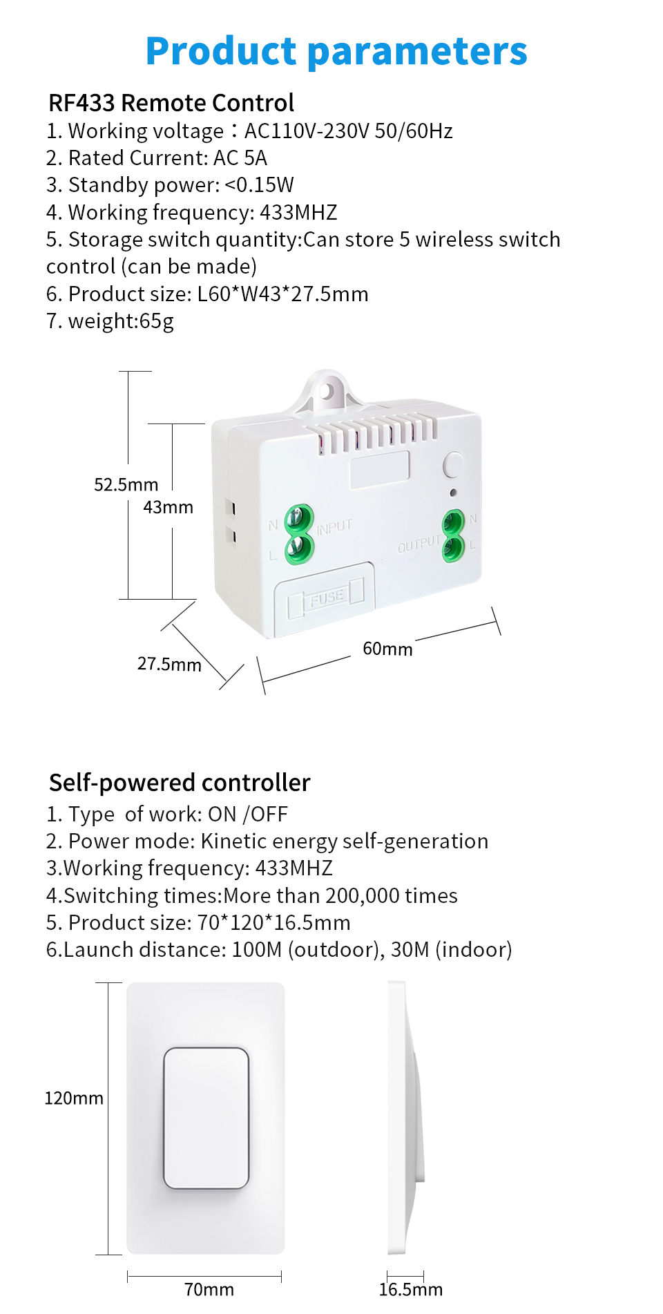 SIXWGH 433Mhz Wireless Wall Switches Self-Powered Waterproof Remote Control Light Switch