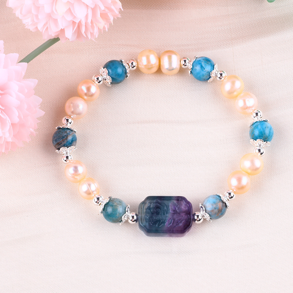 Blue Apatite Bead Stone Pink Freshwater Pearl Bracelet OEM ODM