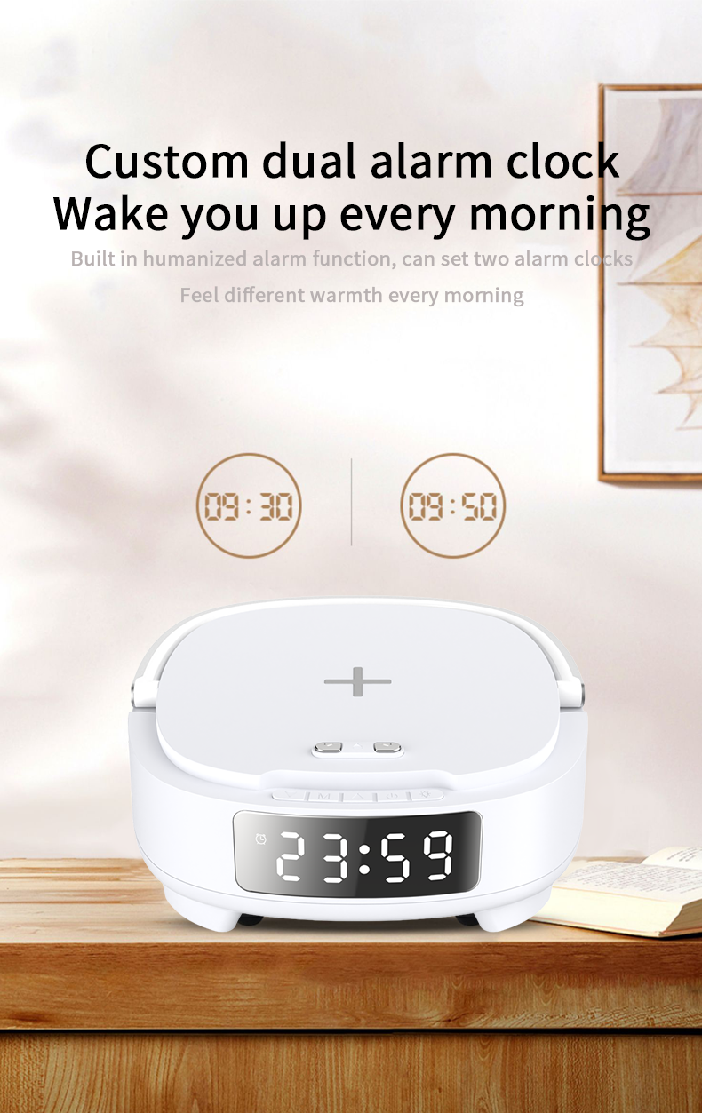 Wireless Fast Charger with Night Light Bluetooth Speaker and Alarm Clock 9V/2A Input